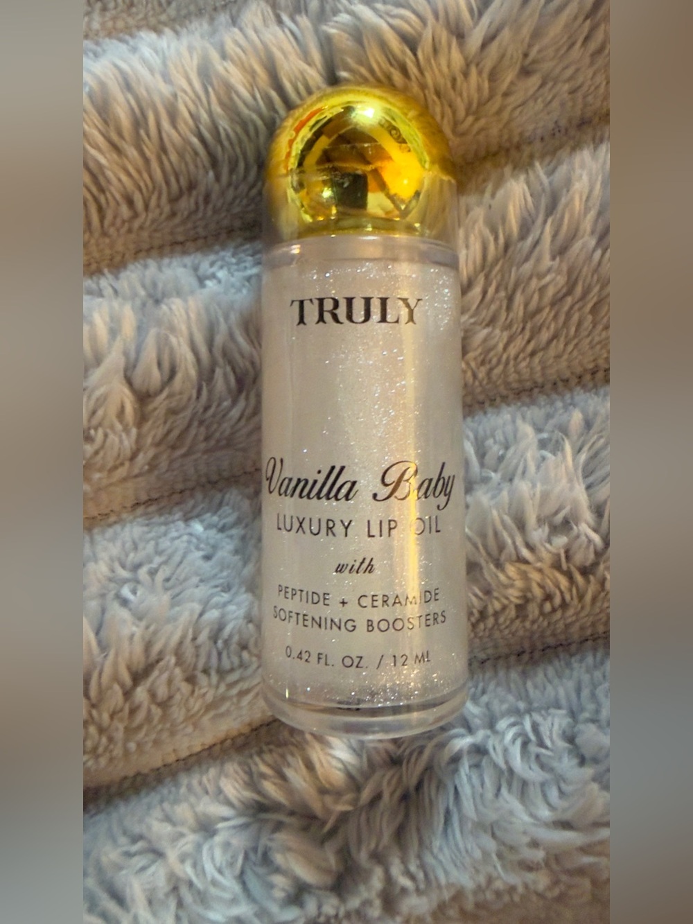 TRULY Vanilla Baby Luxury Lip Oil - Gold Cap, Shimmery Clear